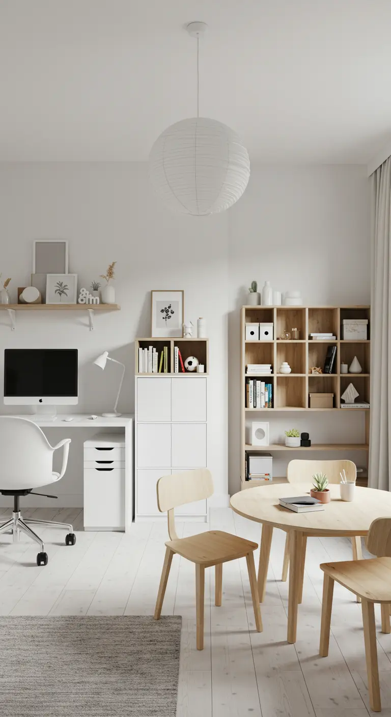 Espace de travail et coin repas scandinave en bois clair et blanc.