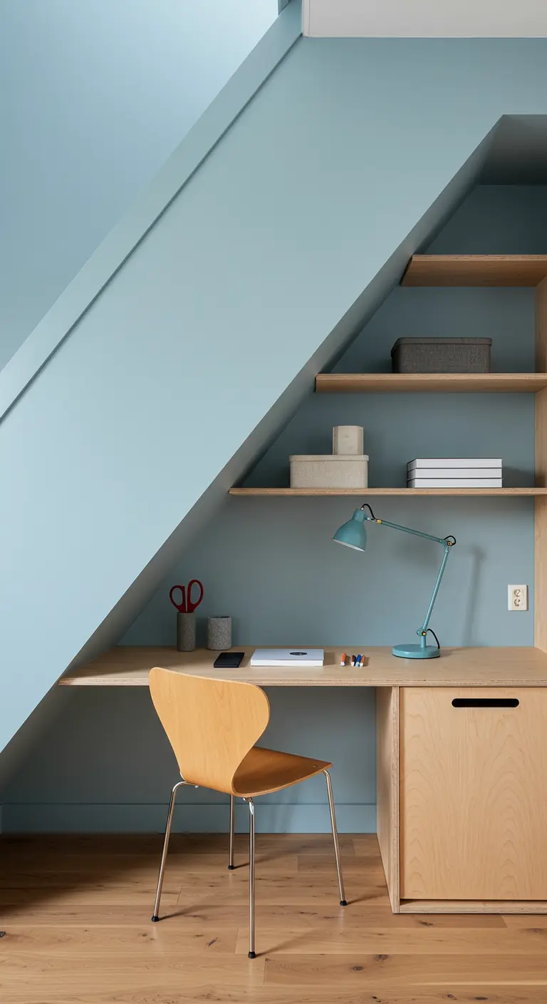 Bureau sur mesure intégré sous un escalier, avec des murs bleu-gris et du mobilier en bois.