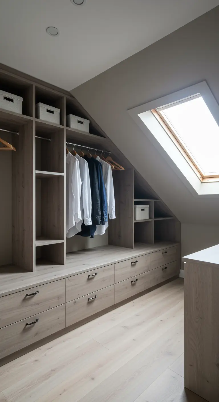 Dressing sur mesure en bois clair aménagé sous les combles avec une fenêtre de toit.