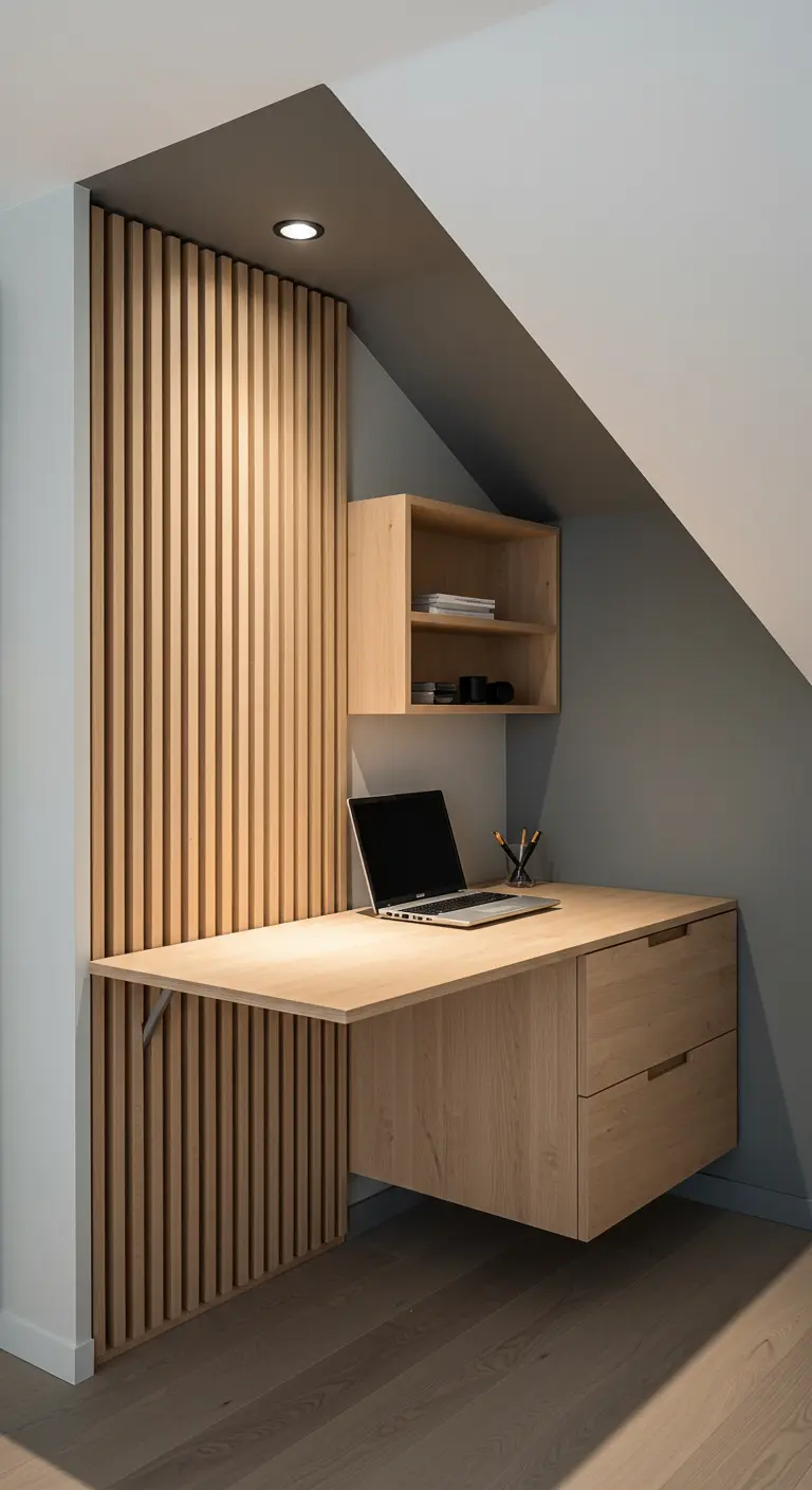Bureau sur mesure en bois clair sous un escalier avec un mur en tasseaux de bois.