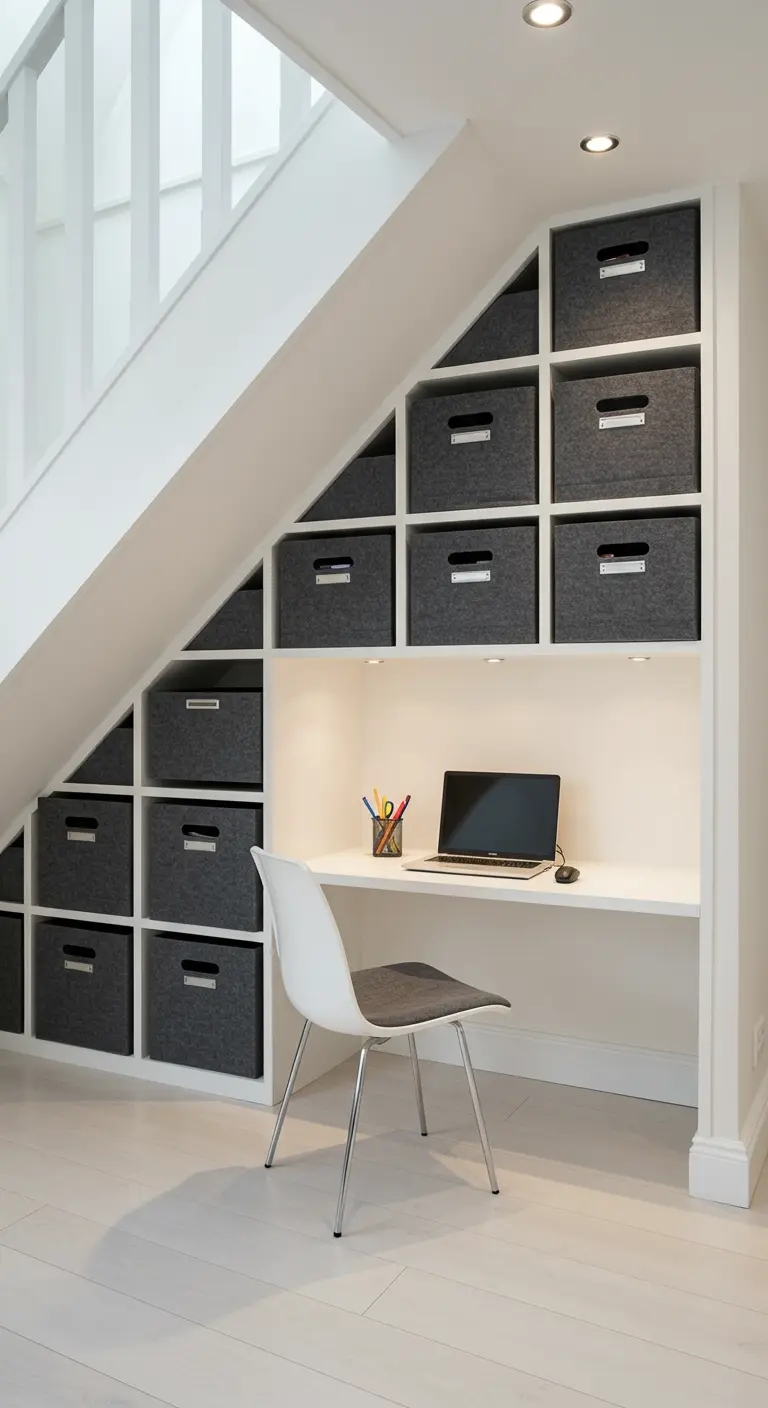Bureau blanc aménagé sous un escalier avec des niches de rangement remplies de boîtes grises.