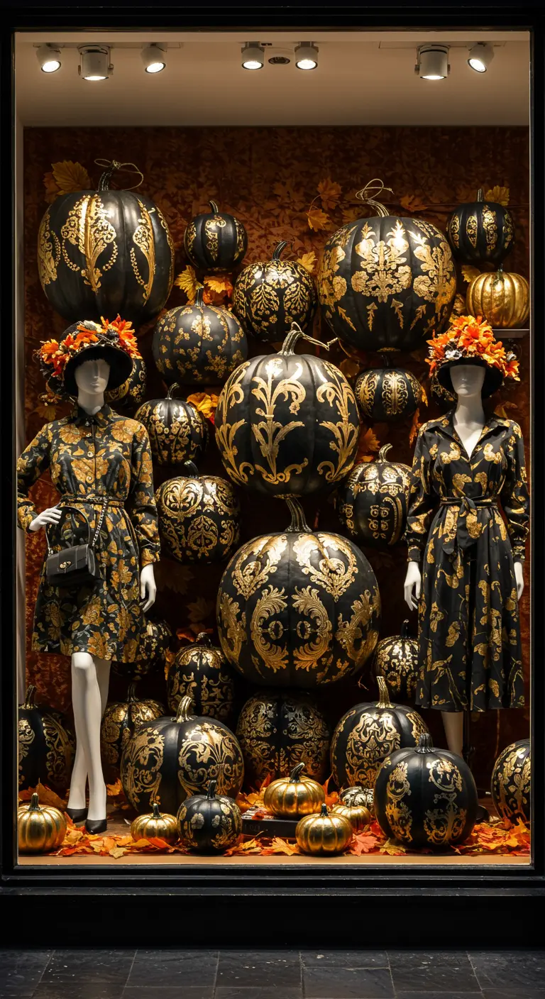 Vitrine de magasin remplie de grandes citrouilles noires avec des motifs baroques dorés très détaillés.
