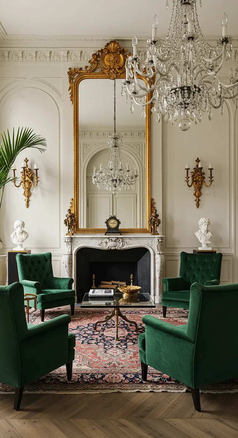 Miroir baroque doré au-dessus d'une cheminée en marbre, encadré par des fauteuils verts.