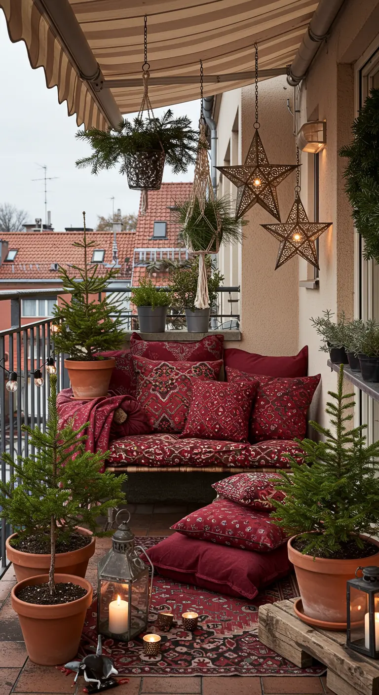 Balcon bohème avec de nombreux coussins rouges à motifs, des plantes et des lanternes.