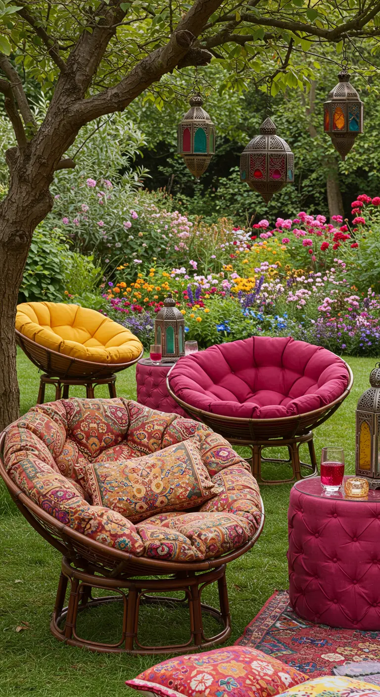 Fauteuils papasan colorés aux motifs riches dans un jardin luxuriant avec des lanternes orientales.