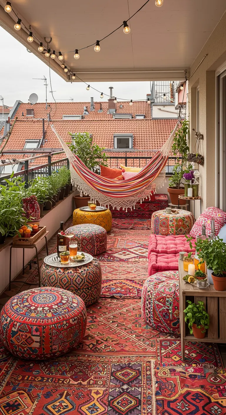 Grand balcon bohème avec banquettes, poufs colorés, tapis superposés et plantes aromatiques.