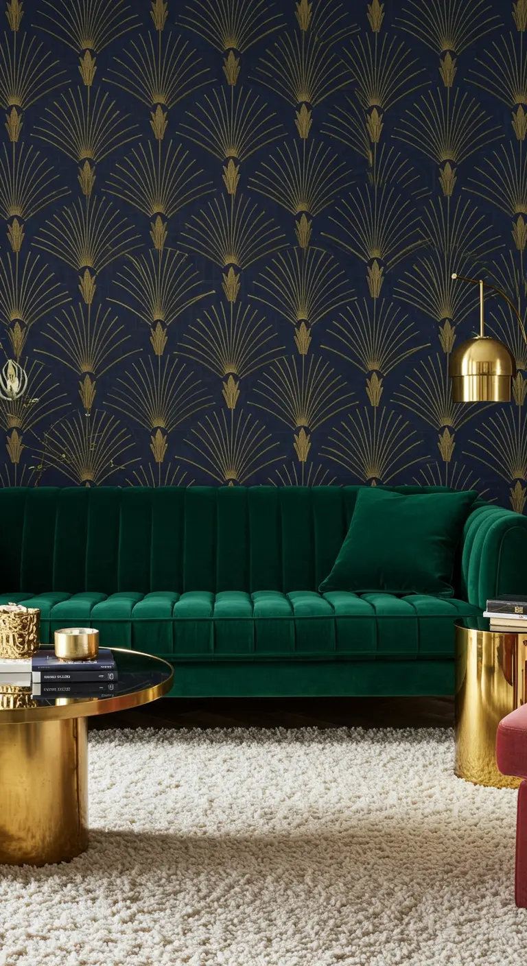 Mur d'accent avec papier peint Art Déco bleu nuit et or, canapé en velours vert émeraude.