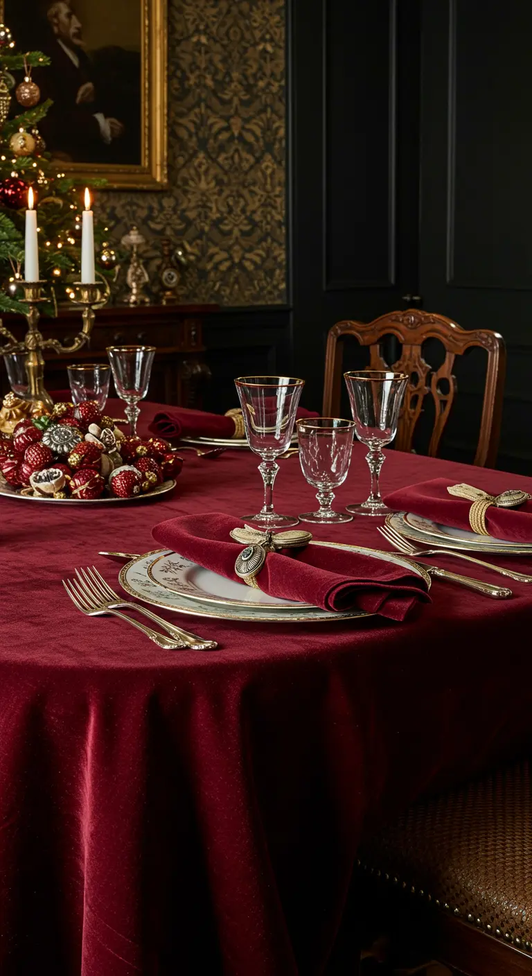 Table de fête luxueuse avec une nappe en velours rouge et des ronds de serviette bijoux.