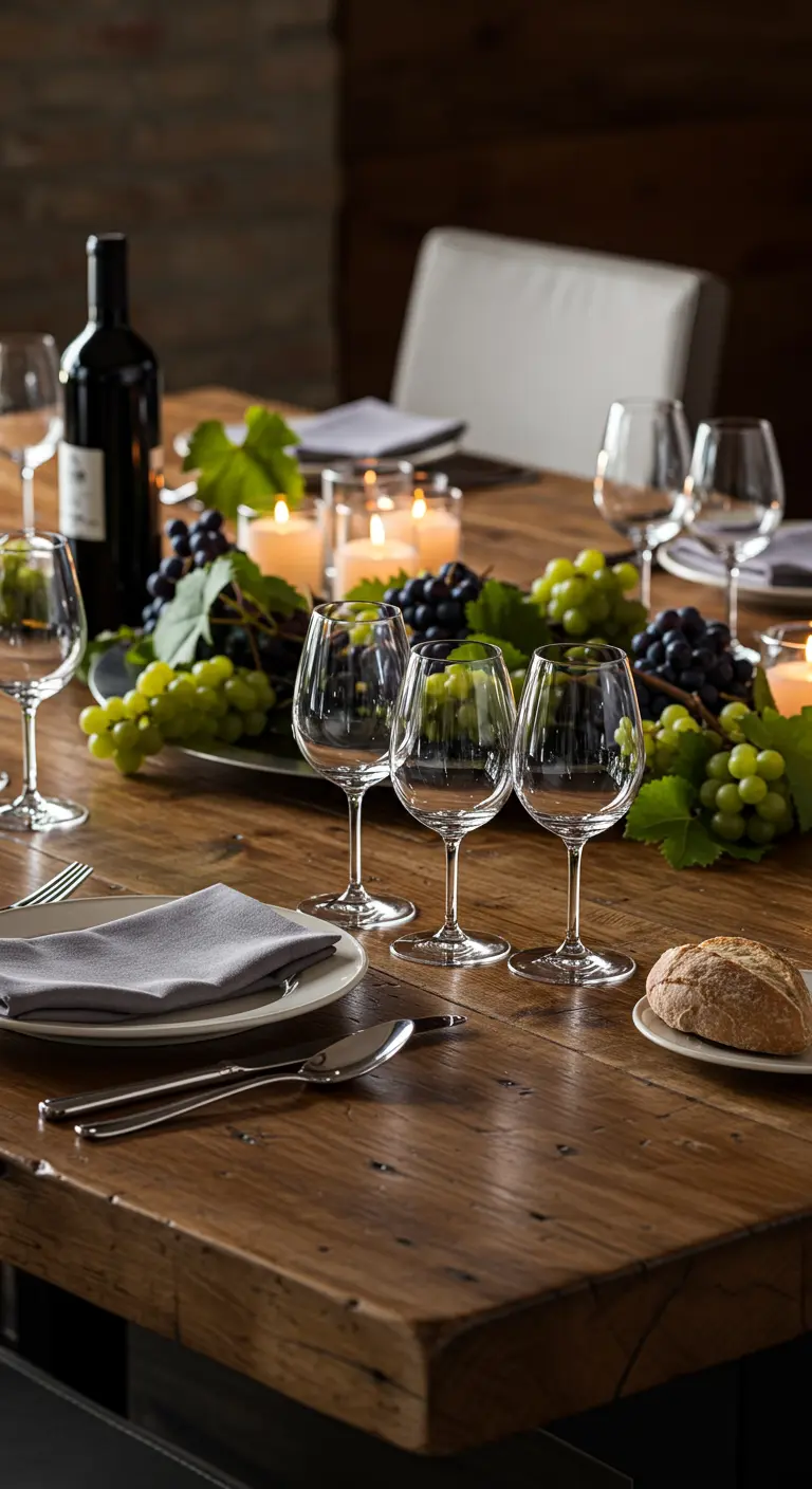Centre de table luxuriant fait de grappes de raisin et de bougies sur une table en bois.