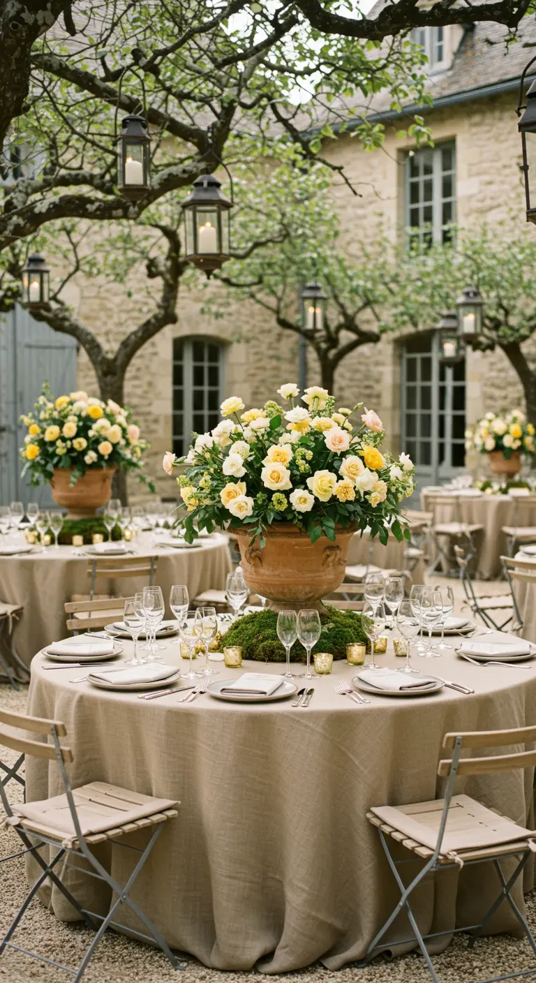 Grande vasque en terre cuite remplie de roses jaunes et blanches sur une table ronde.