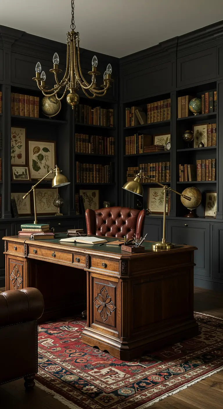 Bureau somptueux style Empire avec boiseries sombres, lustre doré et mobilier en cuir.