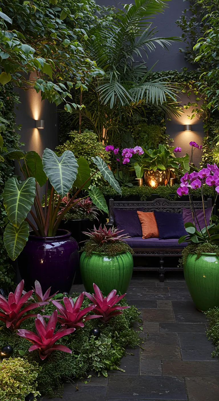 Jardin nocturne avec des pots violet foncé et vert émeraude, garnis d'orchidées et de plantes tropicales luxuriantes.
