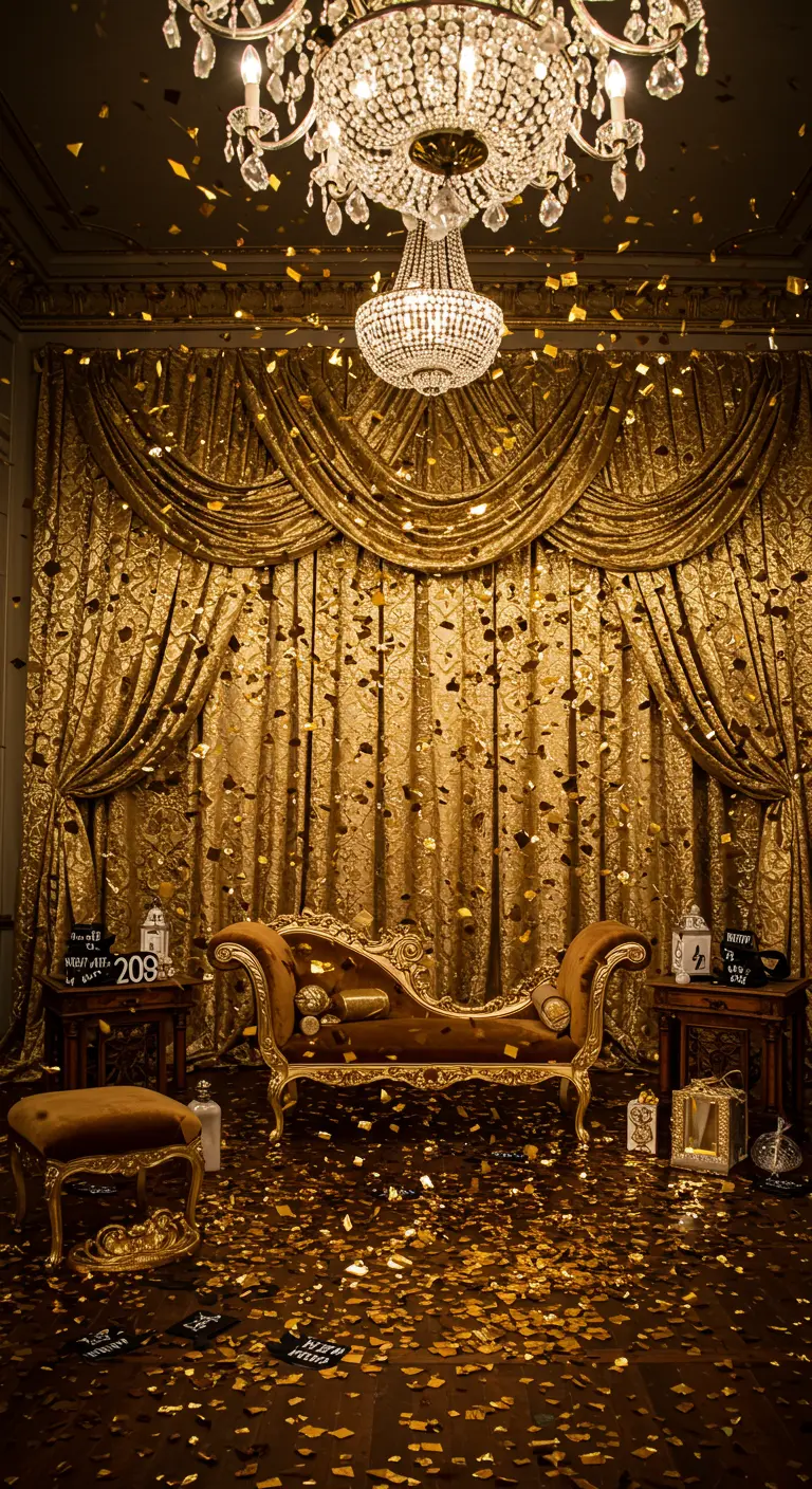 Photobooth opulent doré avec rideaux de velours, canapé Louis XV, lustre, tables d'appoint et confettis.
