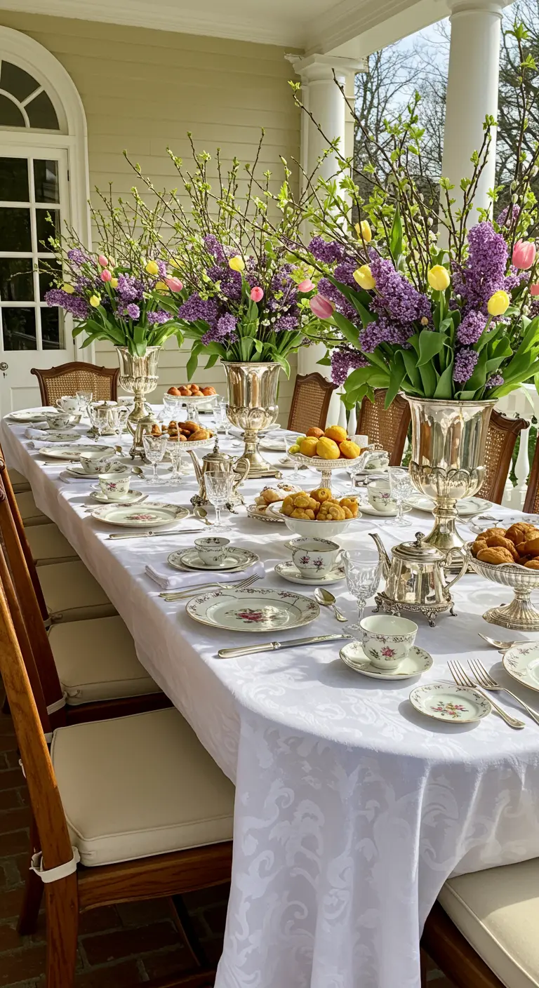 Longue table de Pâques opulente avec de grands bouquets de lilas et tulipes dans des vases en argent, vaisselle vintage.
