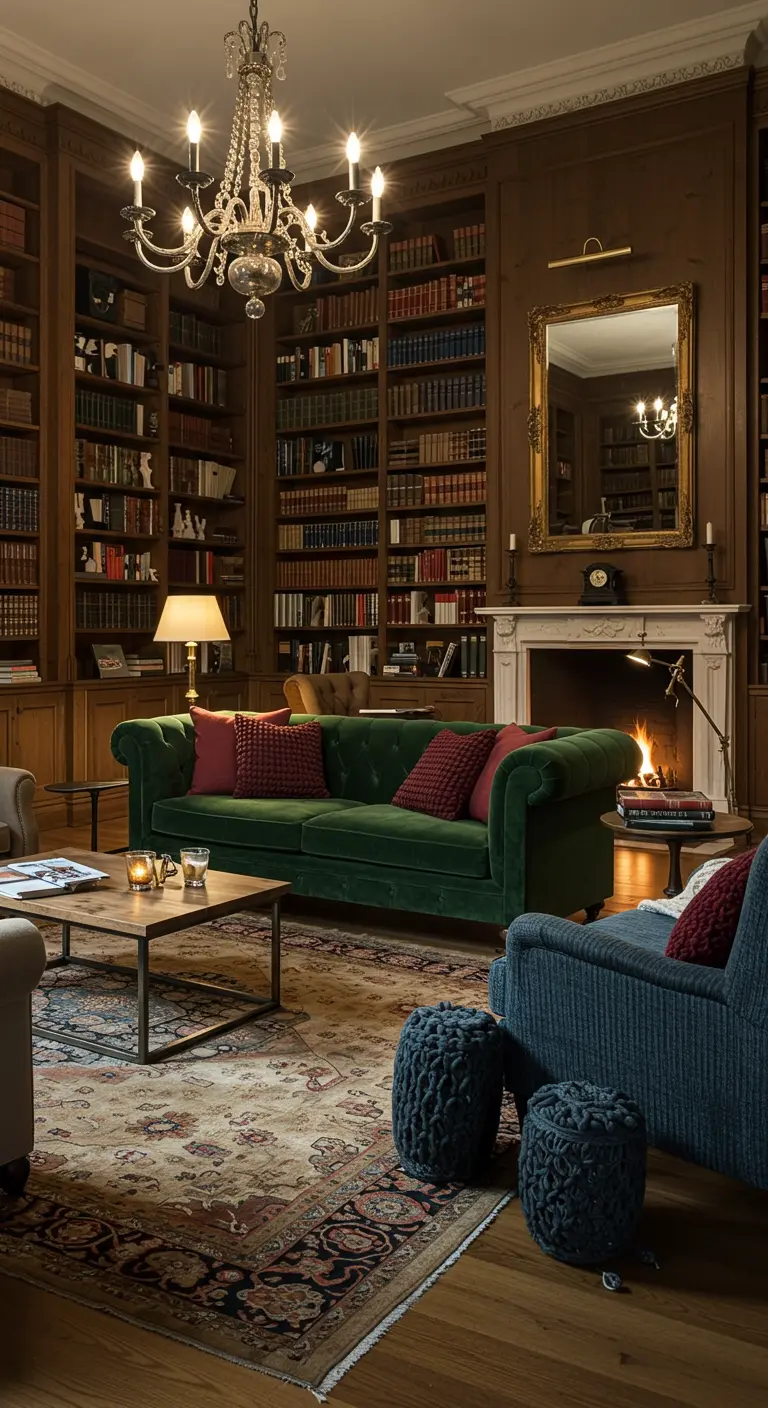 Salon luxueux avec bibliothèque murale, canapé en velours vert, tapis persan et cheminée.