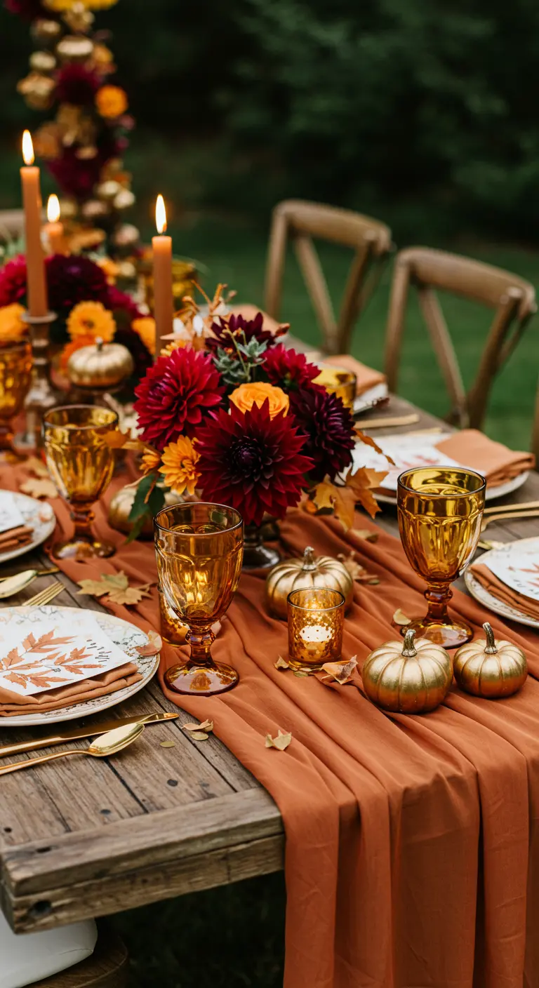 Table de fête automnale avec citrouilles dorées, dahlias et chemin de table orange.