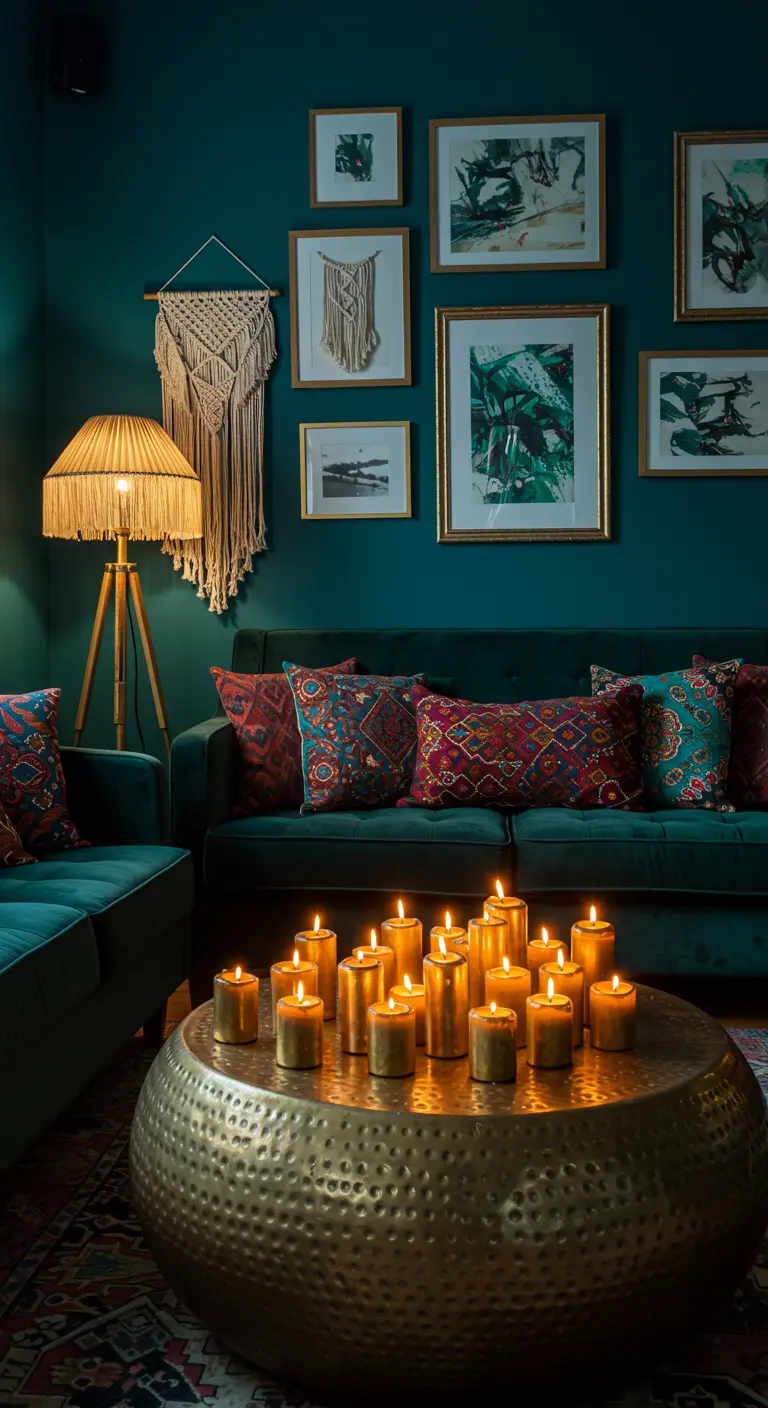 Table basse dorée recouverte de nombreuses bougies allumées dans un salon sombre et chic.