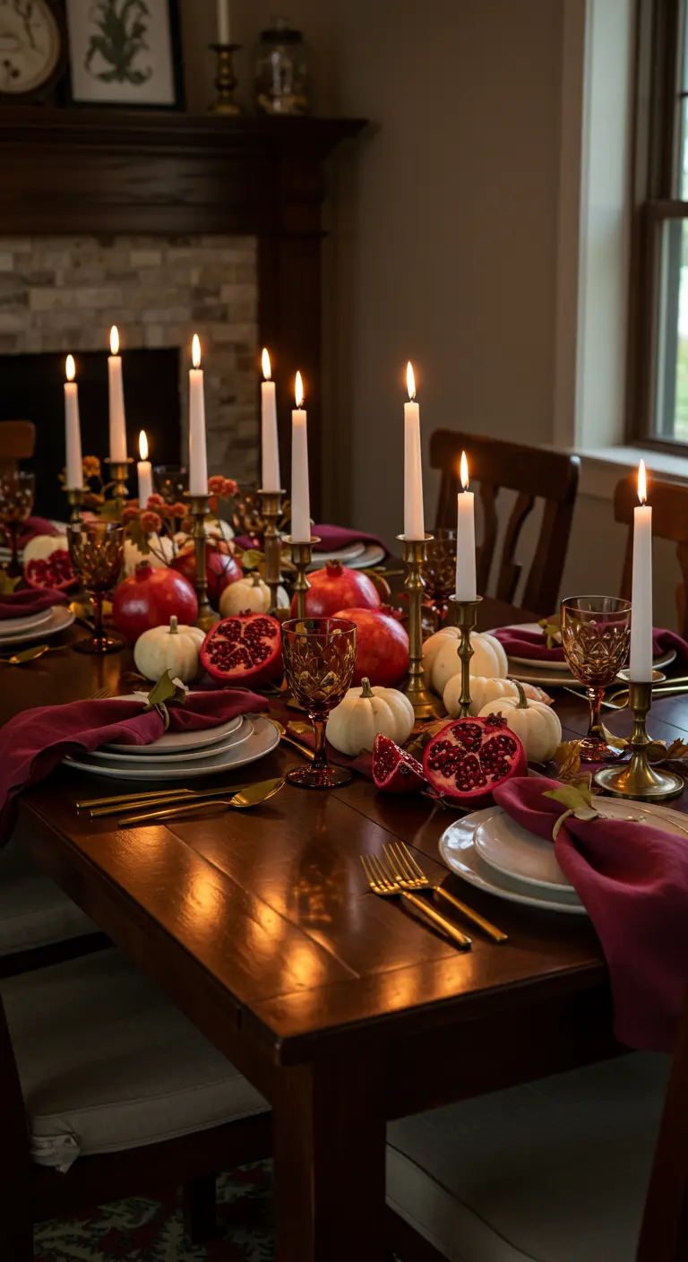Table d'automne avec grenades, citrouilles blanches, bougies et couverts dorés.