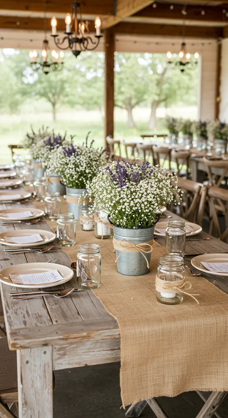 Table rustique avec chemin de table en toile de jute, fleurs en pots et bocaux en verre.