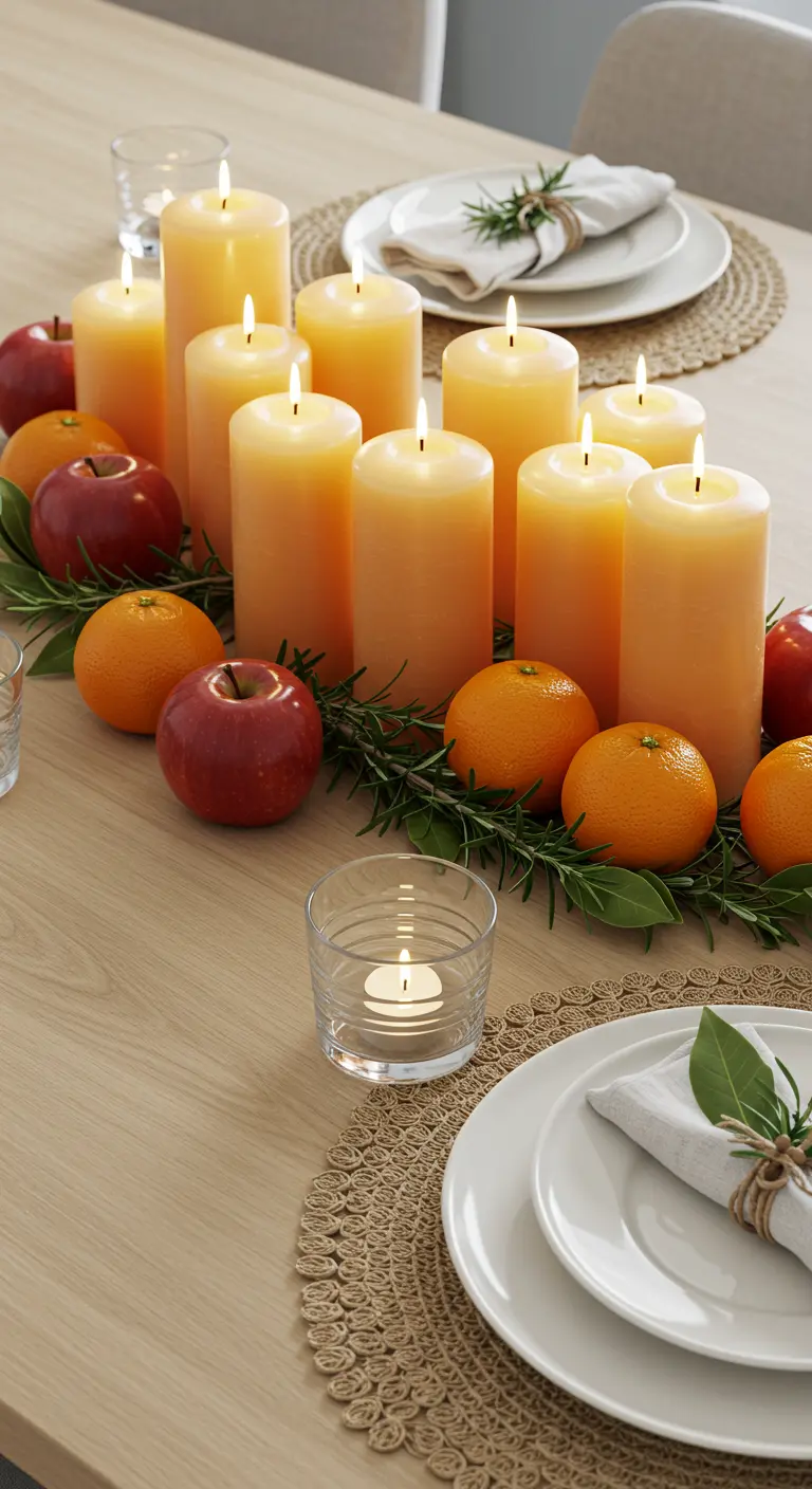 Table avec bougies orange, branches de romarin, oranges et pommes rouges.