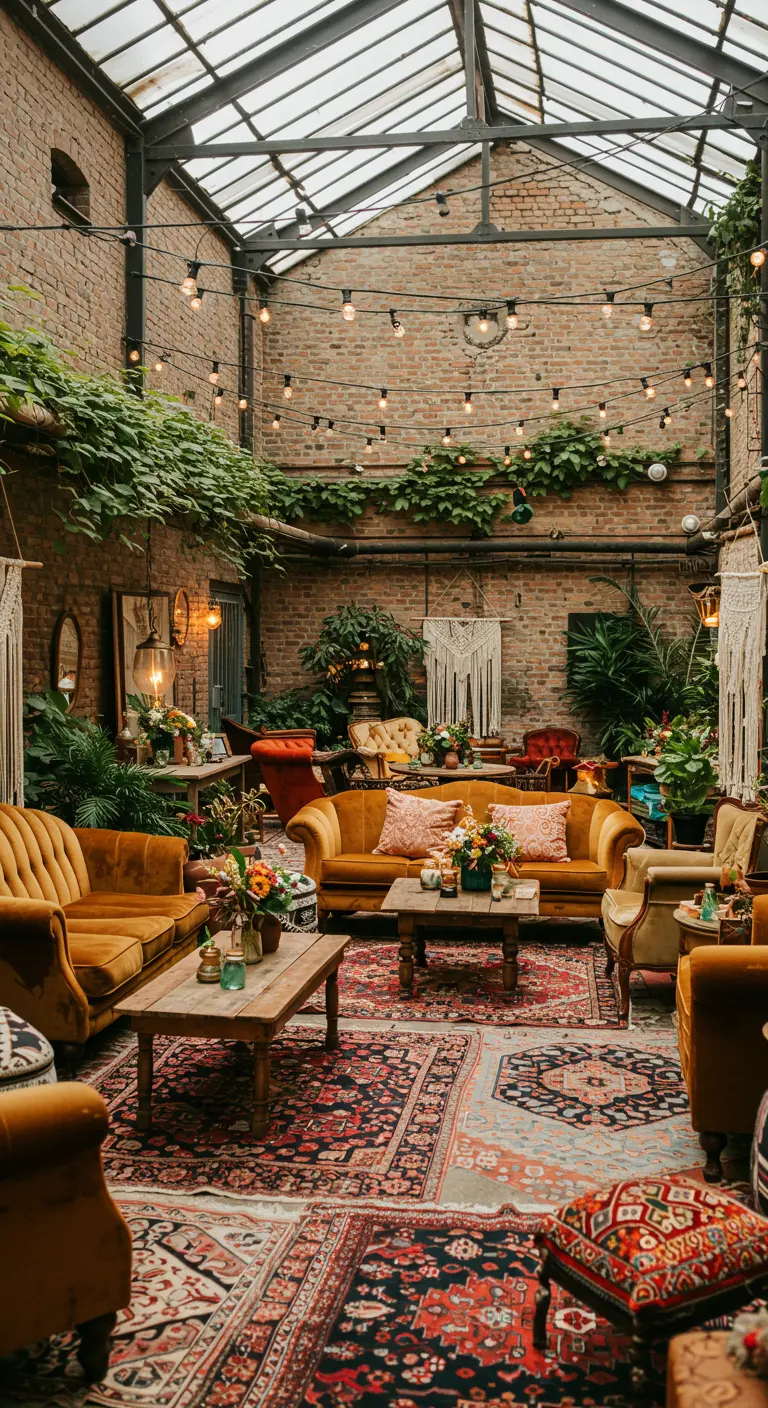 Réception bohème dans une orangerie avec murs en briques, plantes, canapés vintage, tapis orientaux et guirlandes lumineuses.