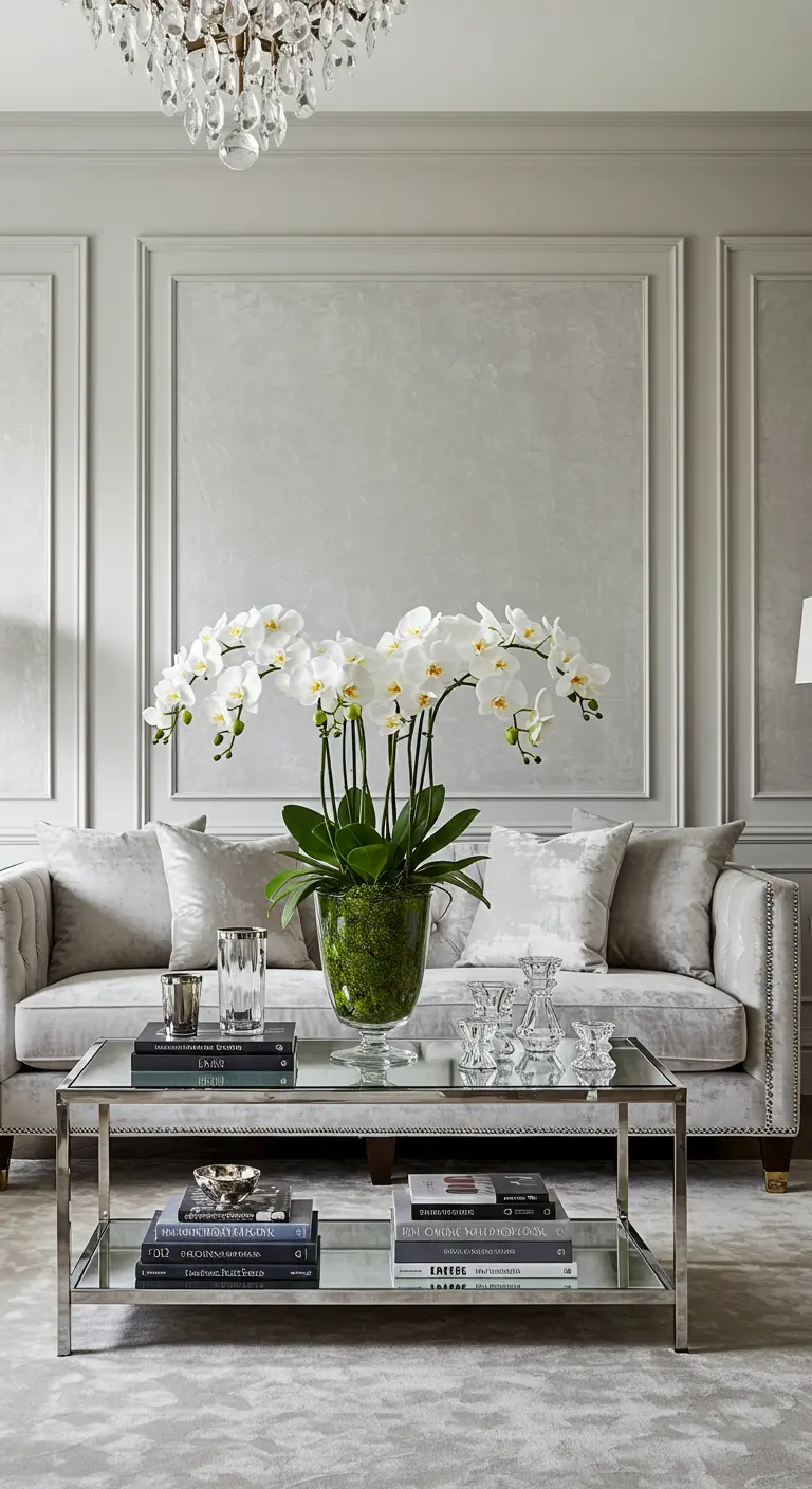 Salon gris et argenté très chic avec une grande composition d'orchidées blanches