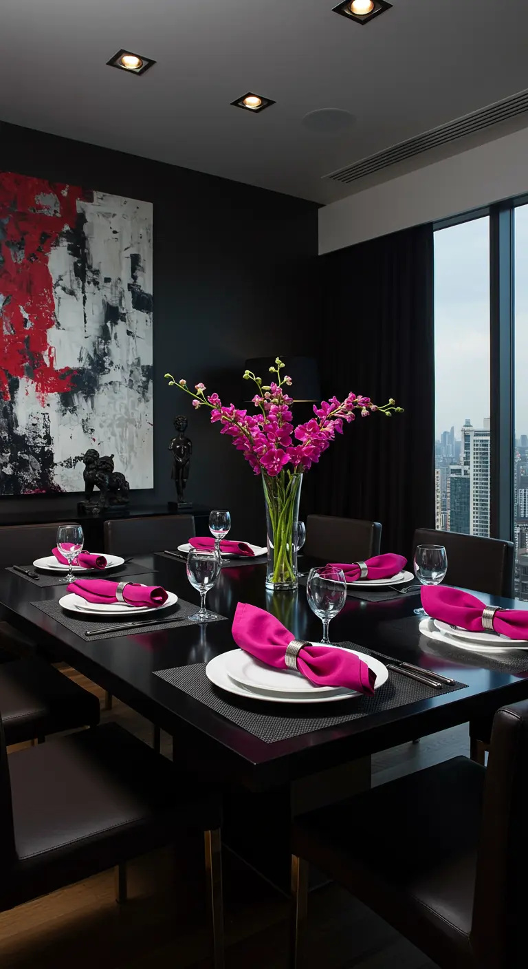 Table moderne noire avec des serviettes magenta pliées de manière décontractée.