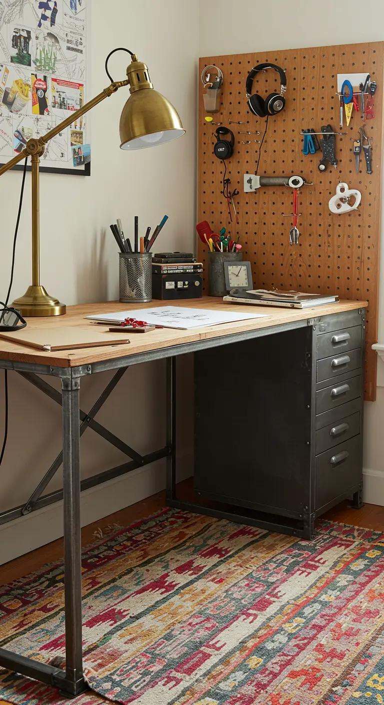 Bureau de style industriel avec un grand panneau perforé (pegboard) pour le rangement mural.