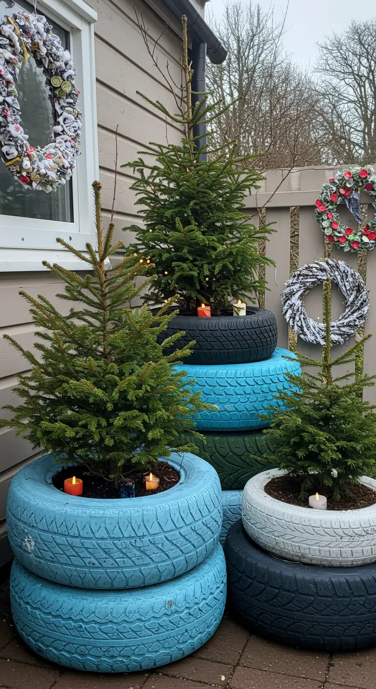 Pneus peints recyclés comme jardinières pour sapins, bougies LED, et couronnes murales.