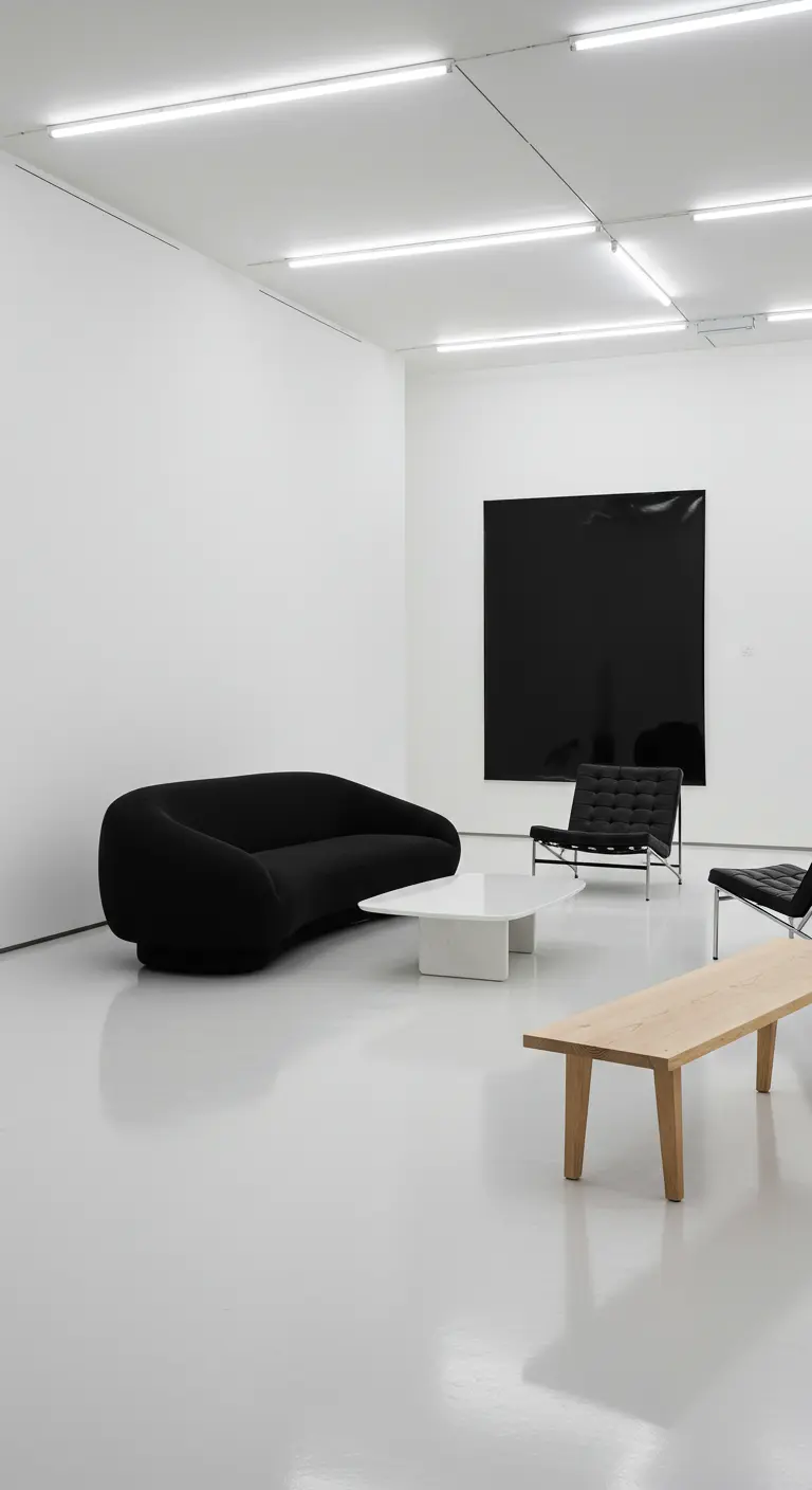 Espace d'exposition minimaliste avec un canapé noir incurvé et un banc en bois clair.