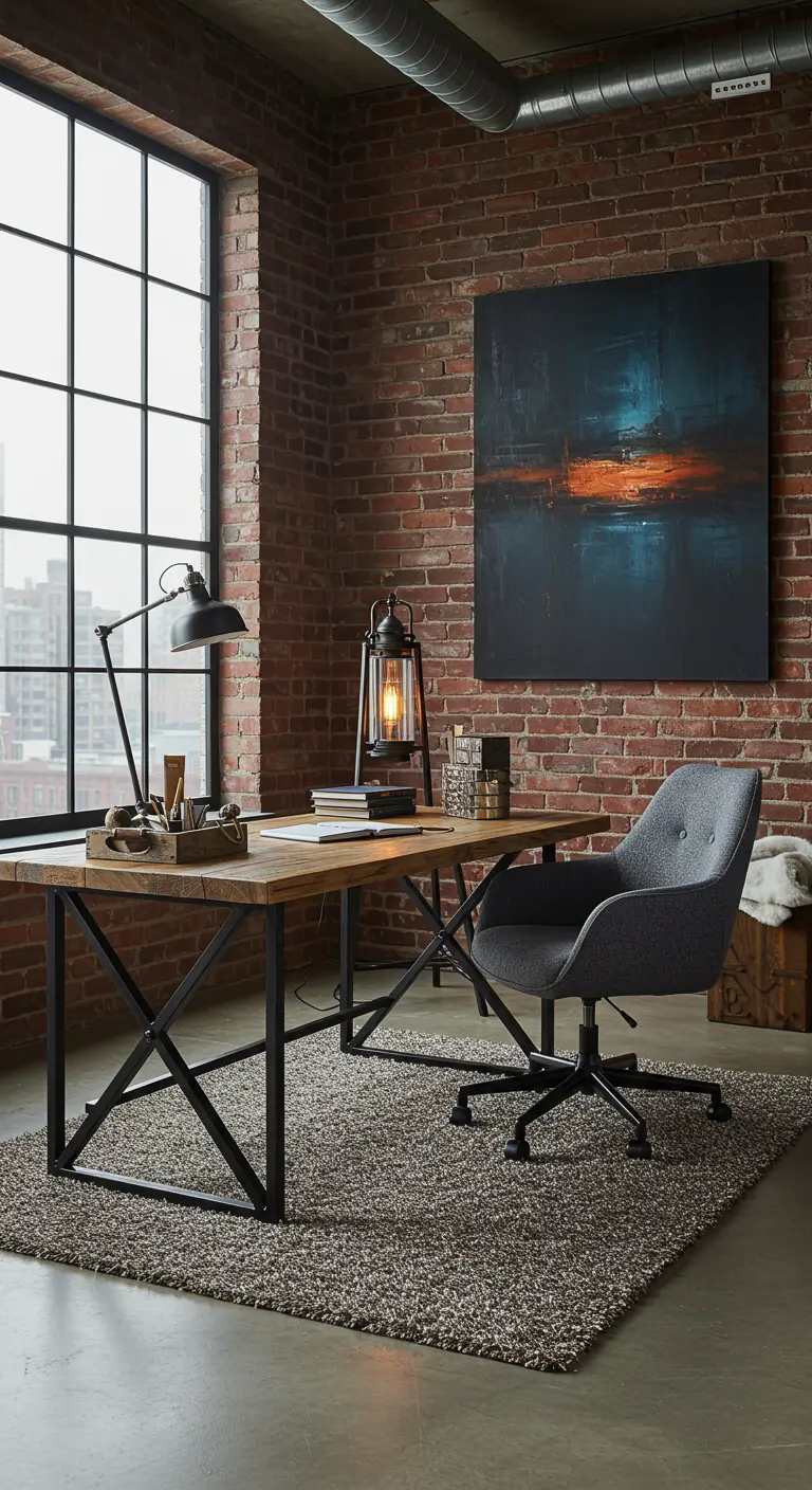 Bureau industriel avec mur de briques, grand tableau abstrait et lanterne déco.