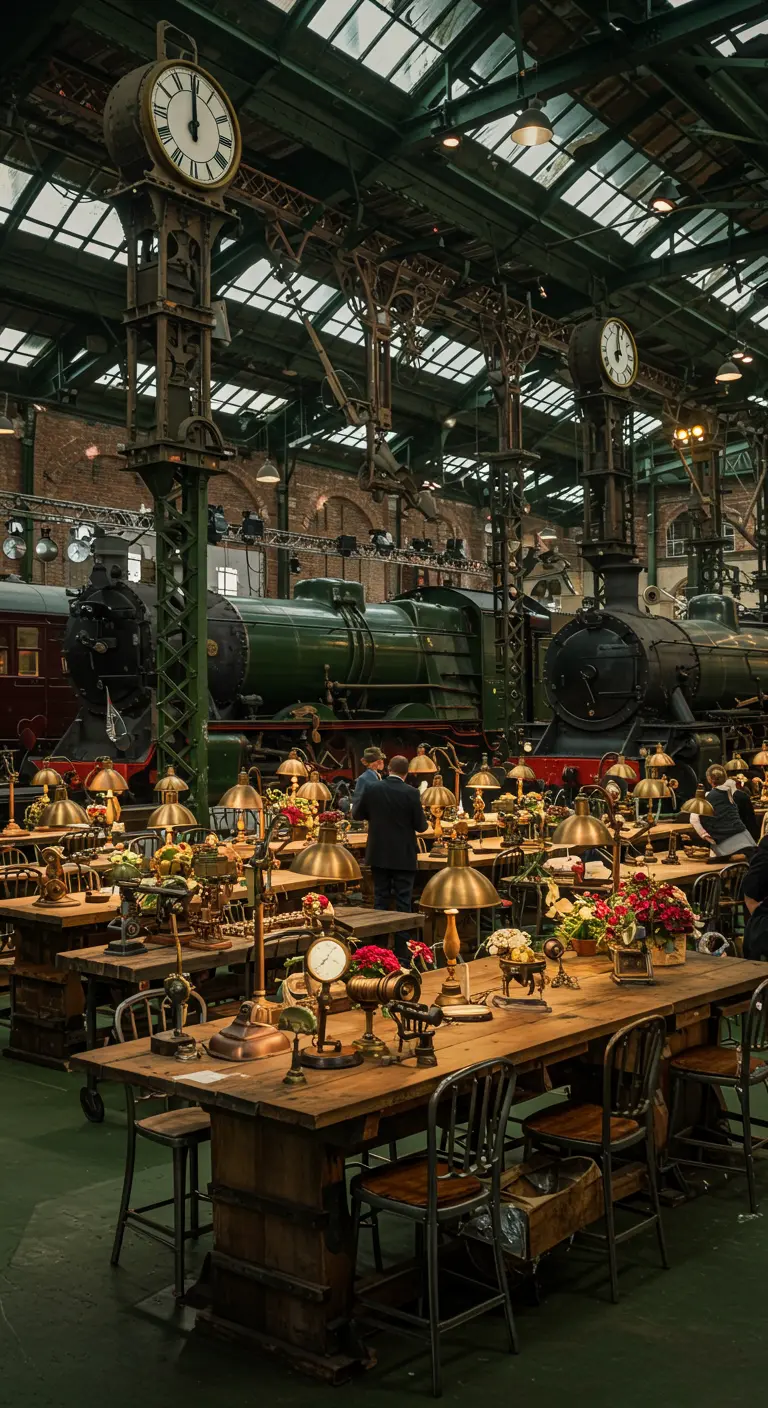Salle de réception Steampunk dans un ancien hangar avec locomotives, longues tables en bois et lampes industrielles.