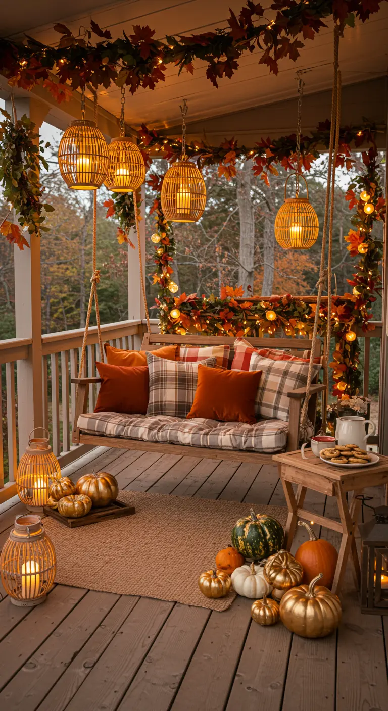 Balancelle de porche décorée pour l'automne avec coussins et guirlandes.