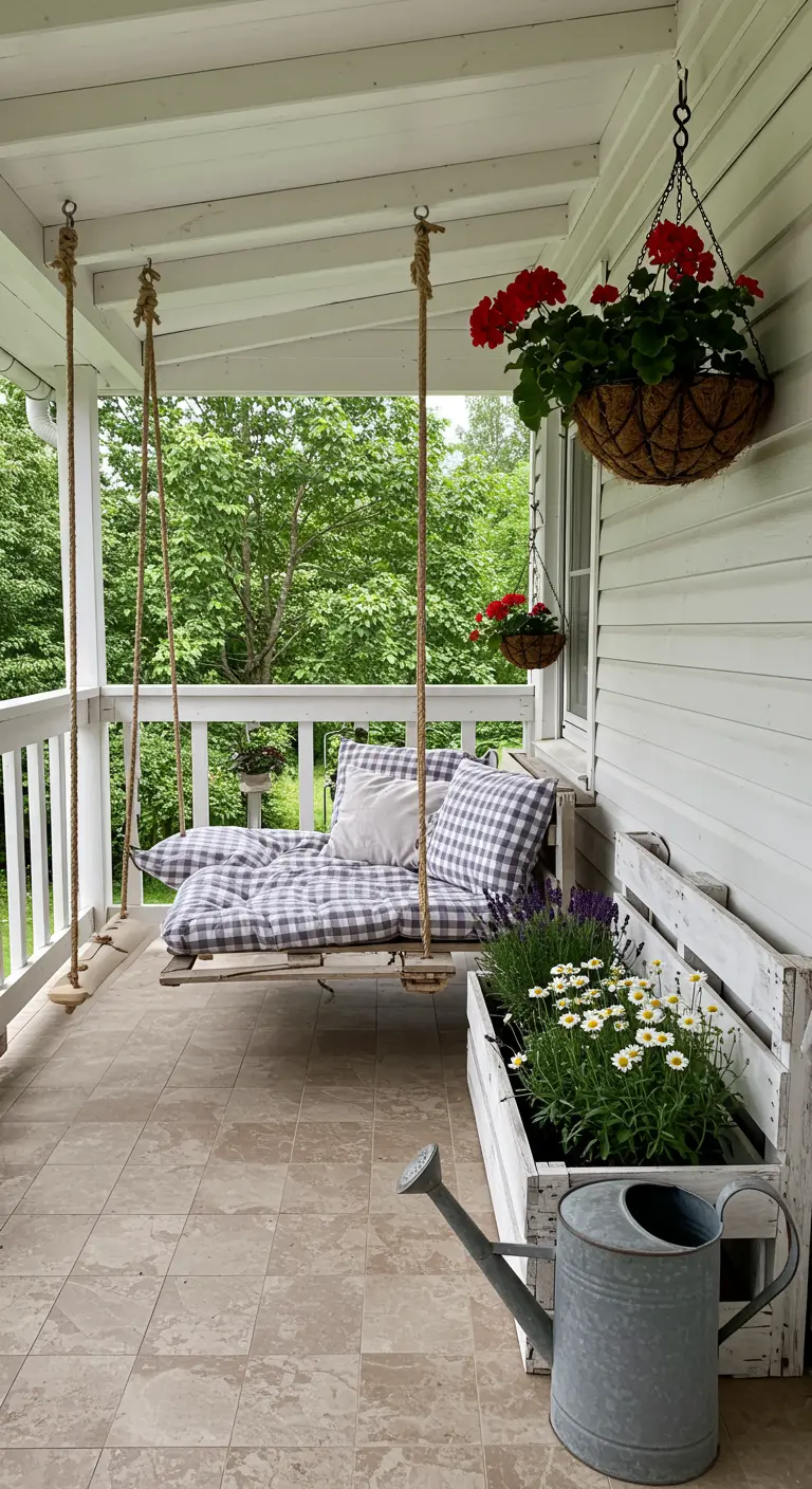 Balancelle de porche en palette avec des coussins à carreaux et des fleurs suspendues.