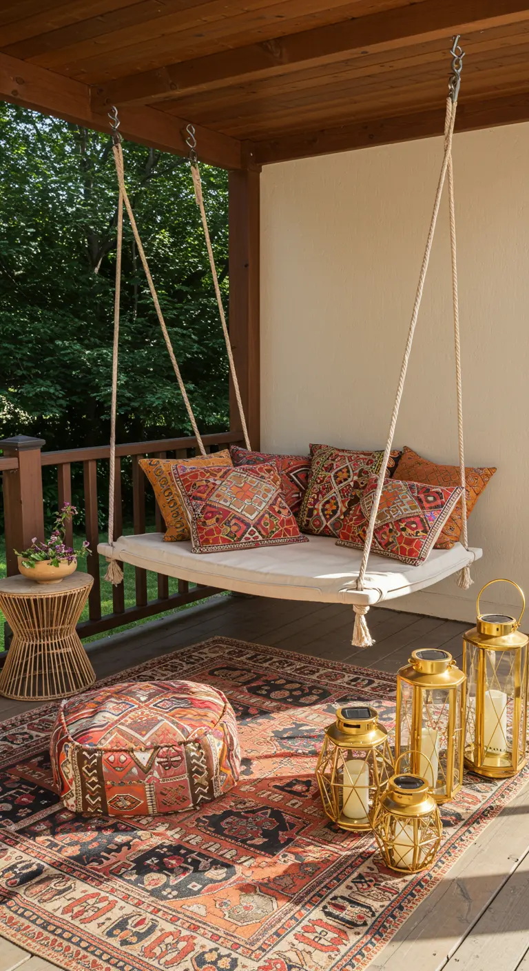 Balancelle suspendue sur une terrasse, recouverte de coussins ethniques colorés.