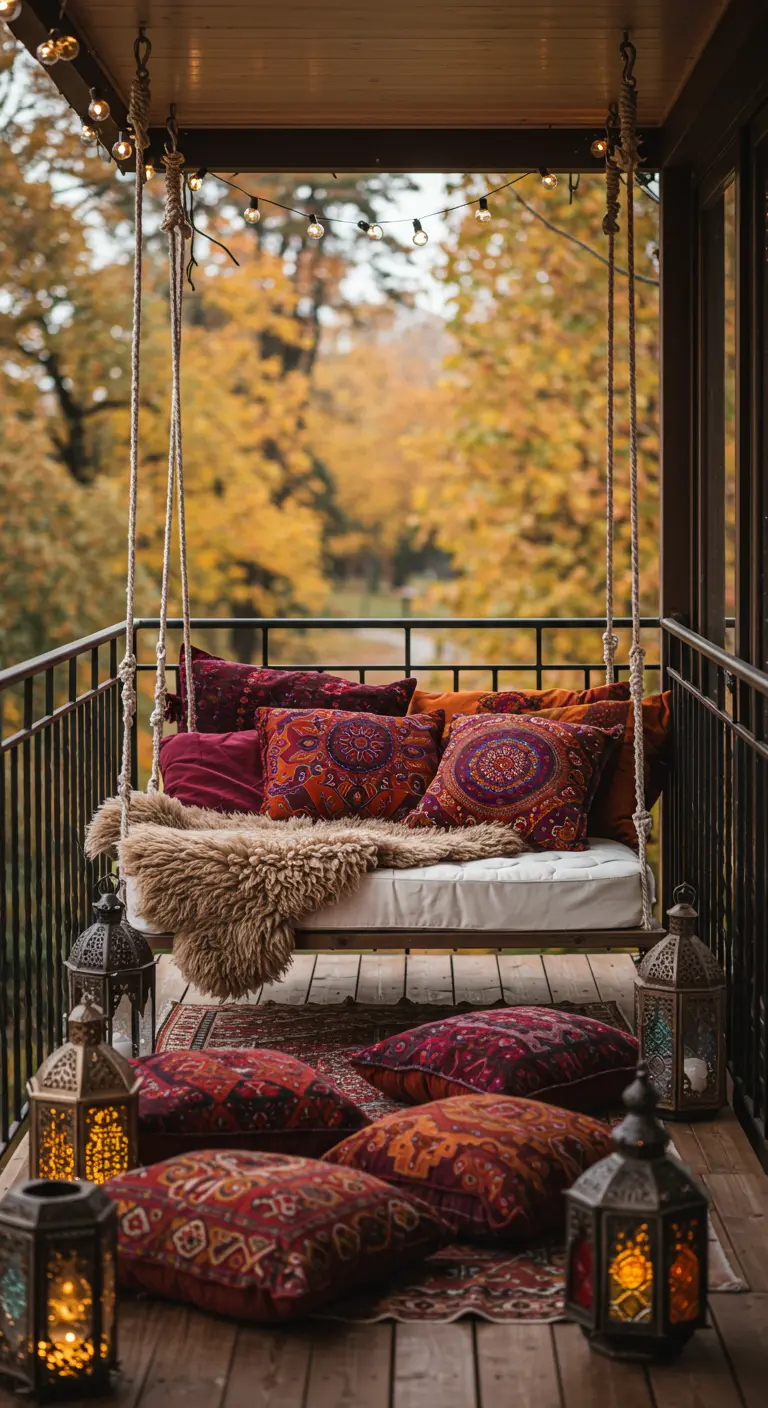Balançoire de balcon avec coussins colorés, fausse fourrure, coussins de sol et lanternes, ambiance bohème.