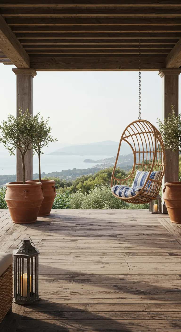 Fauteuil suspendu en rotin sur une terrasse en bois avec vue.