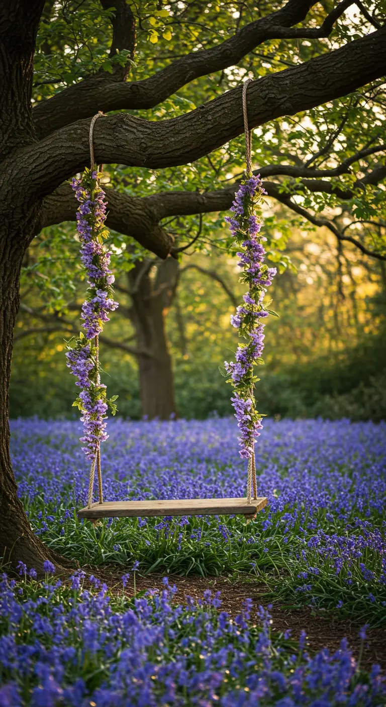 Balançoire en bois décorée de fleurs violettes suspendue à un arbre.
