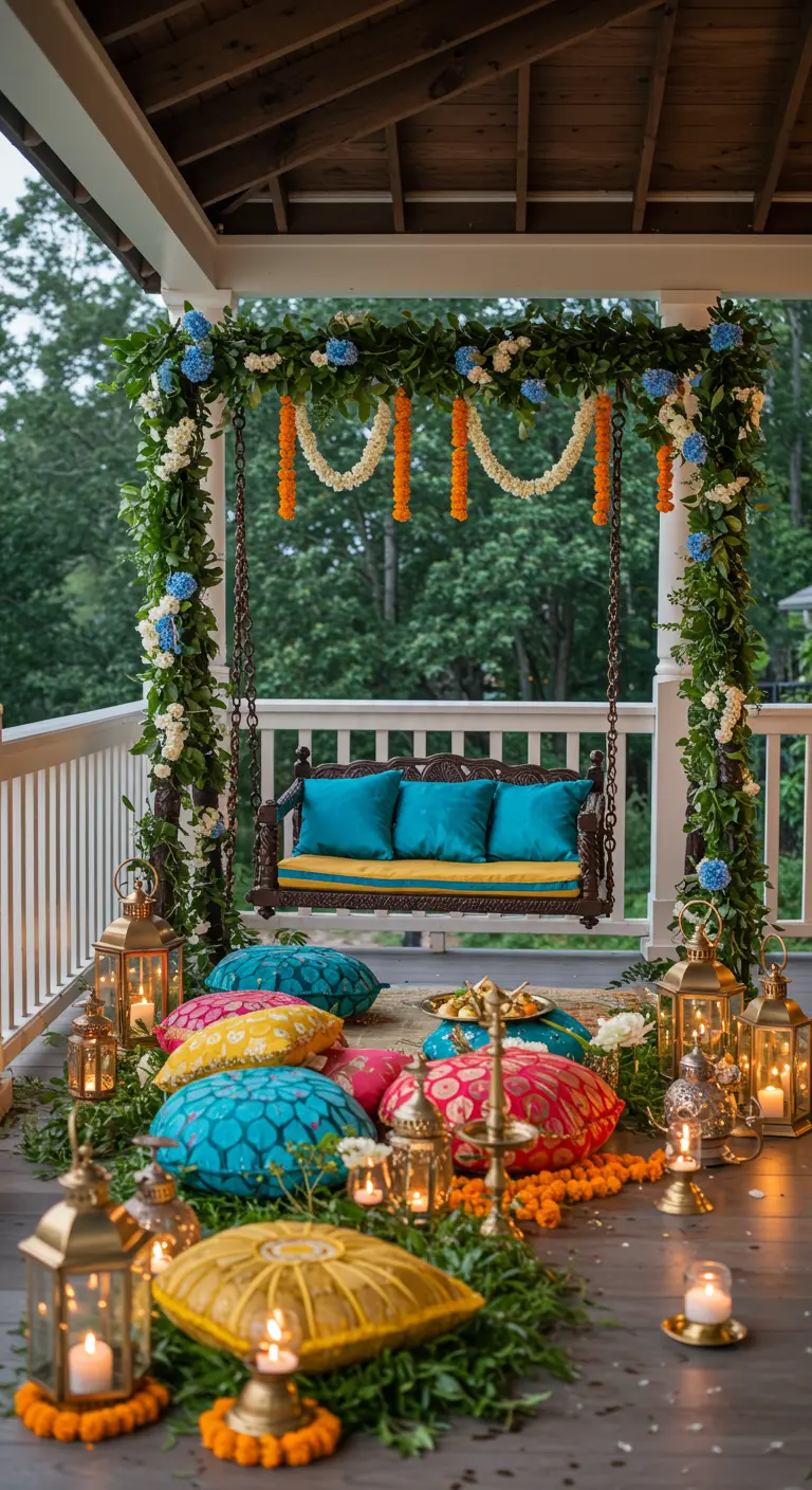 Balançoire de porche décorée de fleurs et de verdure, avec des coussins au sol.