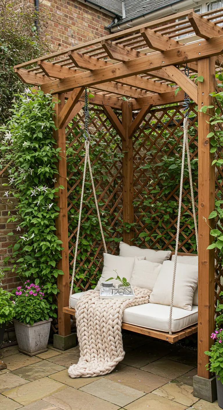 Balançoire en bois sous une pergola, avec des coussins et un plaid en tricot.