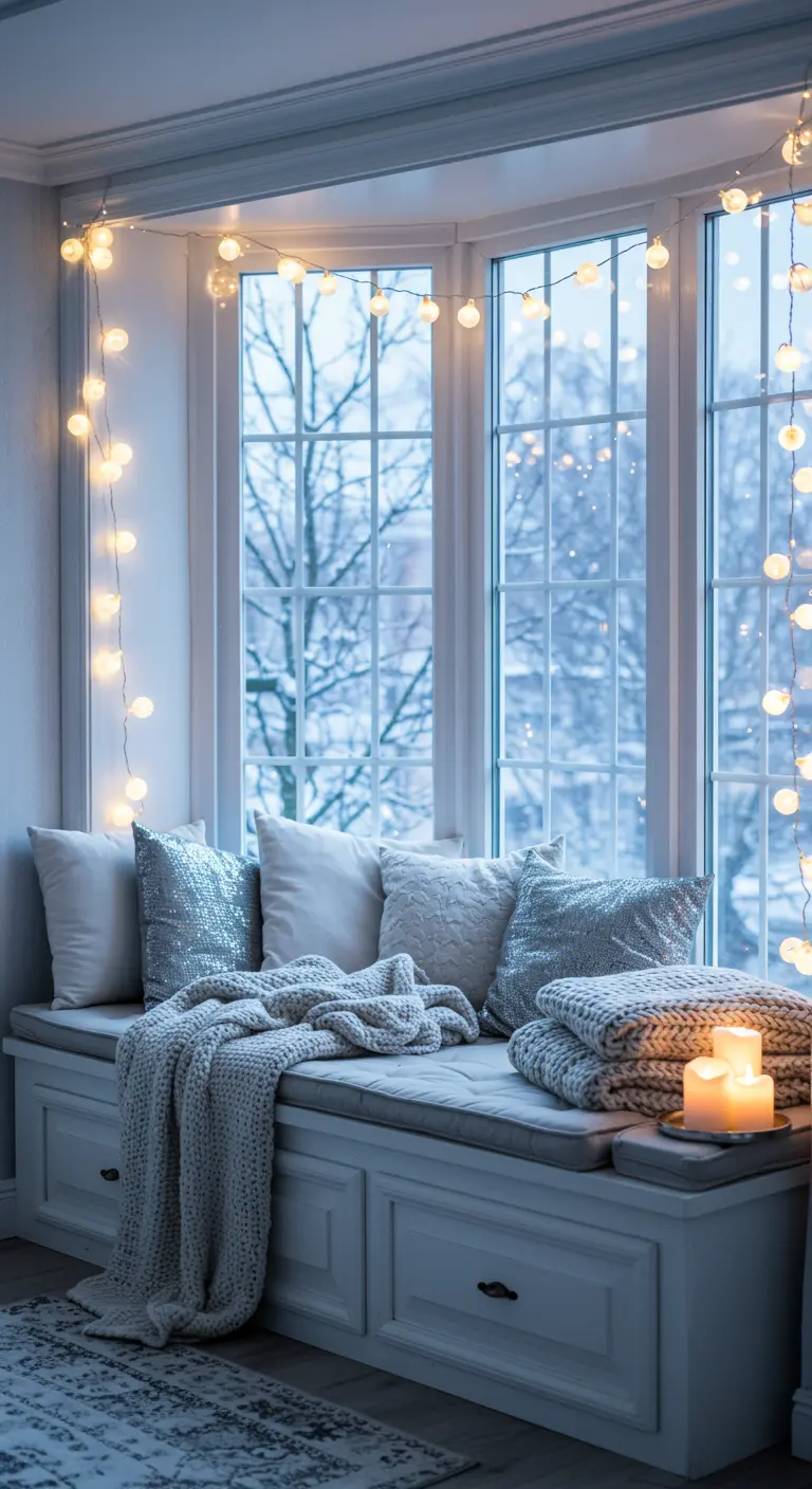 Banquette de fenêtre avec guirlandes lumineuses, coussins argentés et plaid