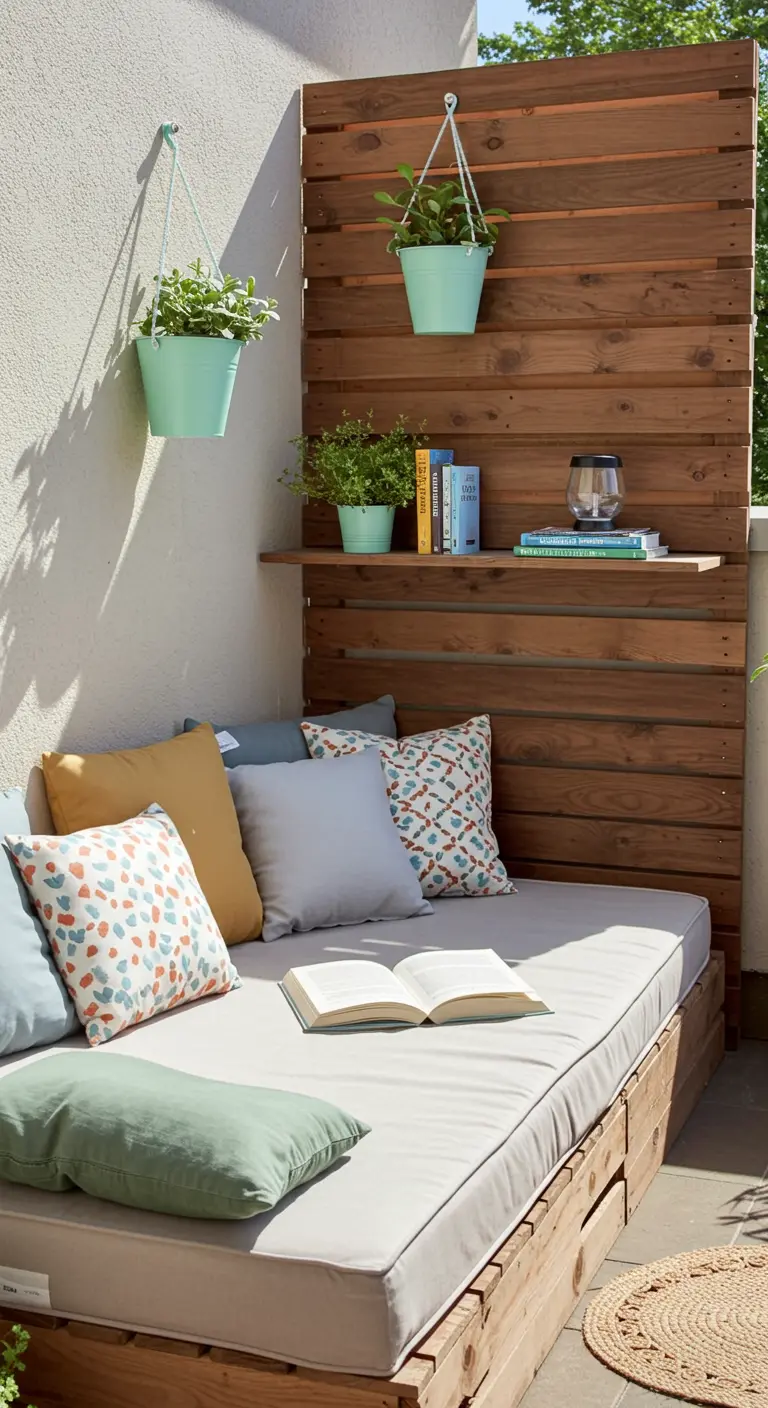 Banquette-lit confortable adossée à un mur en lattes de bois avec étagère.