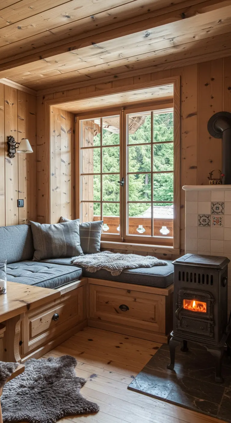 Coin repas avec banquette en bois intégrée, coussins et petit poêle à bois.