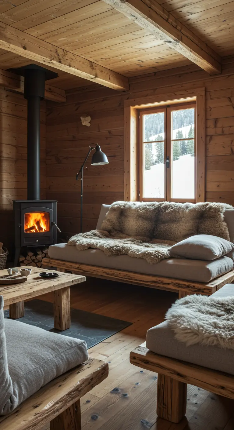 Banquette en bois recouverte de multiples peaux de fausse fourrure près d'un poêle.