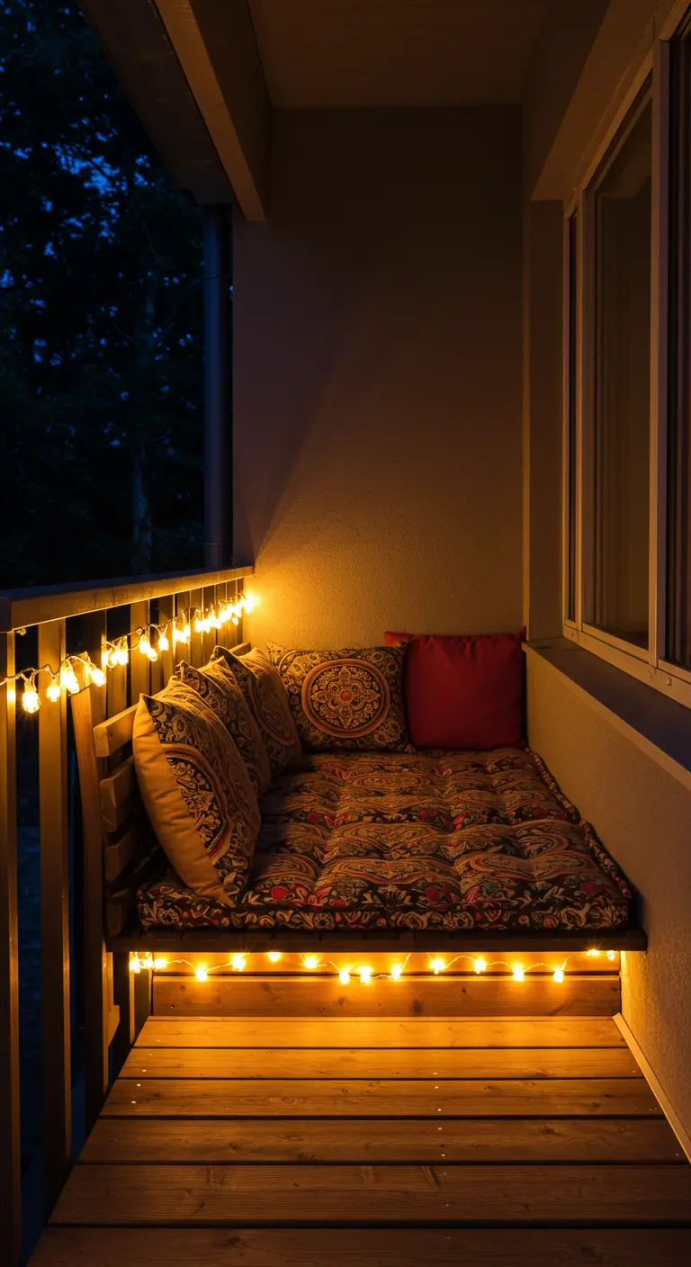 Banquette d'extérieur avec des coussins ethniques, une guirlande lumineuse est installée sous l'assise.