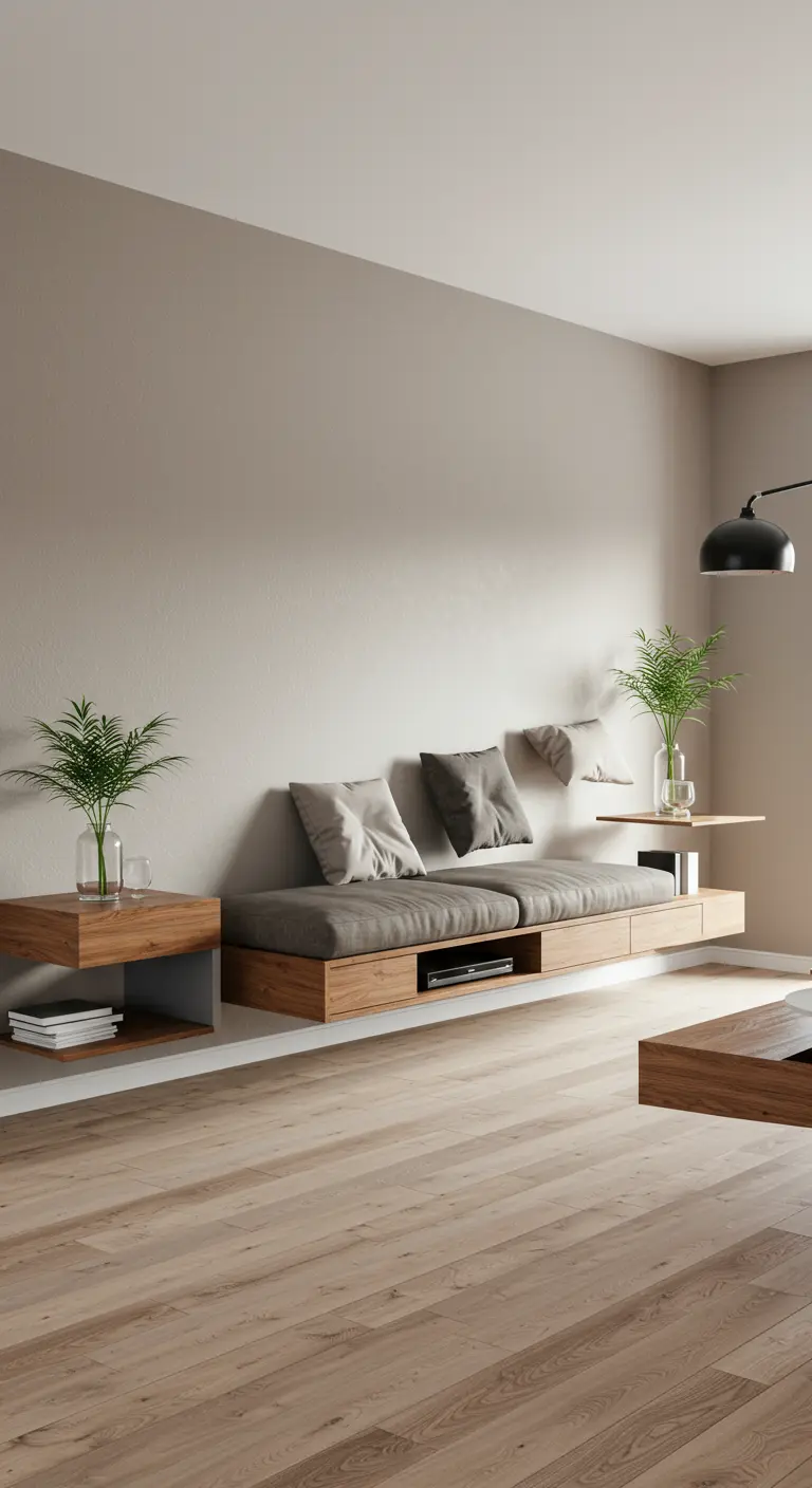 Banquette flottante murale en bois avec coussins gris dans un salon moderne.