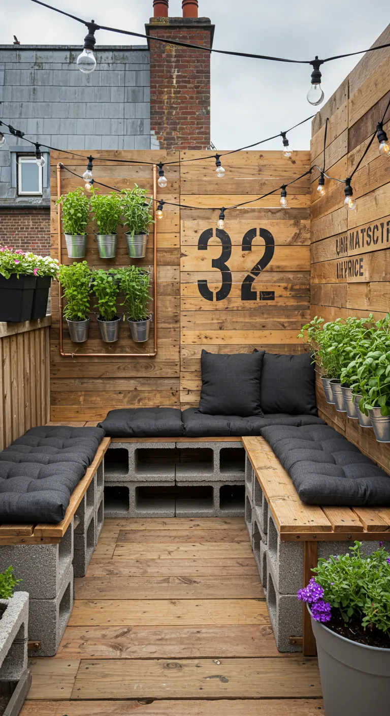 Salon de jardin industriel fait de parpaings et de bois sur une terrasse.