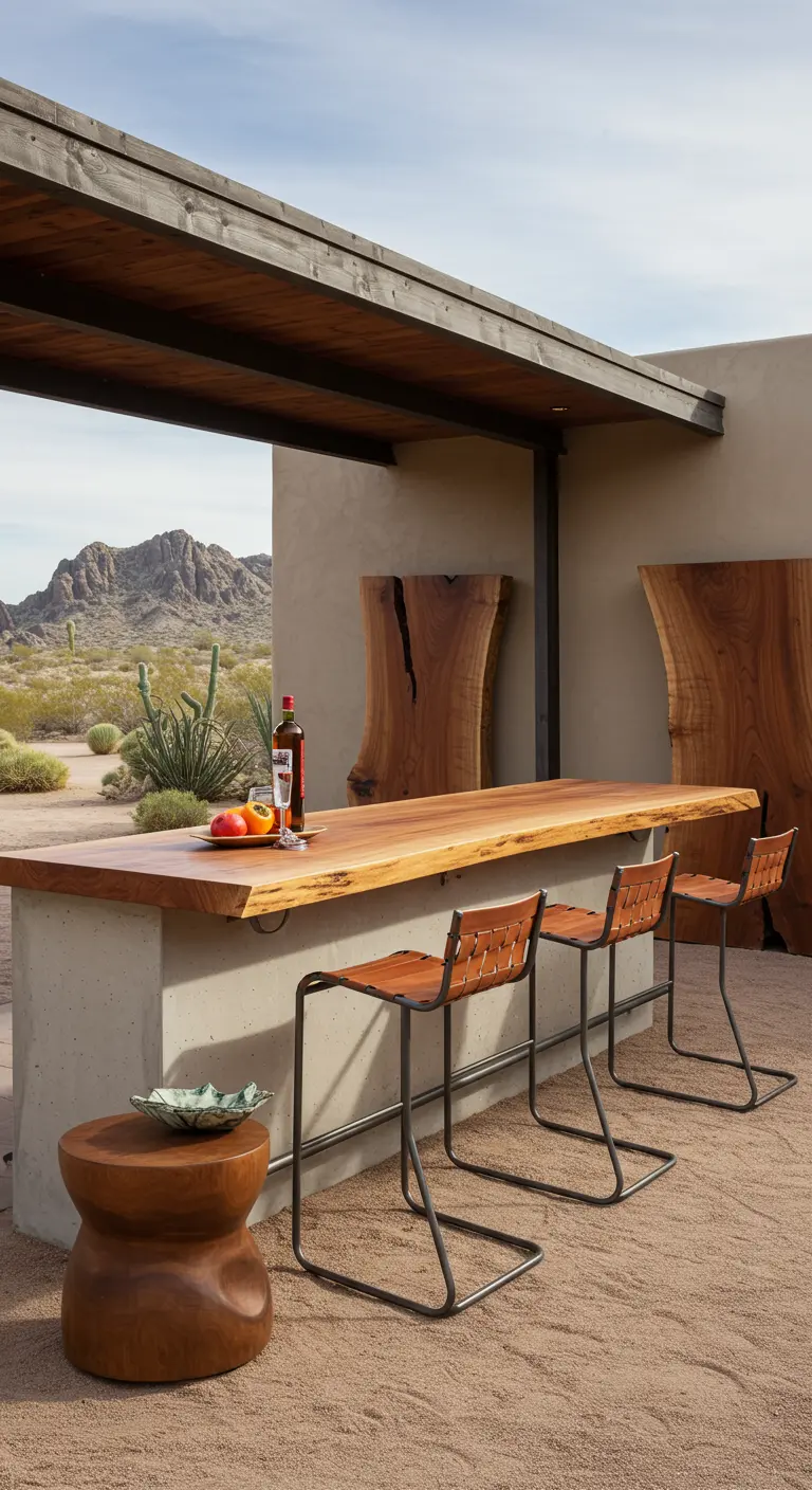 Bar avec un comptoir en bois brut sur une base en béton dans le désert.