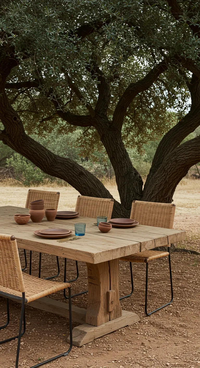Table rustique en grosses poutres de bois sous un arbre, avec de la vaisselle en terre cuite.