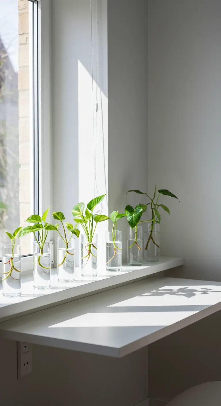 Rangée de boutures de Pothos enracinant dans des vases en verre sur un rebord de fenêtre.